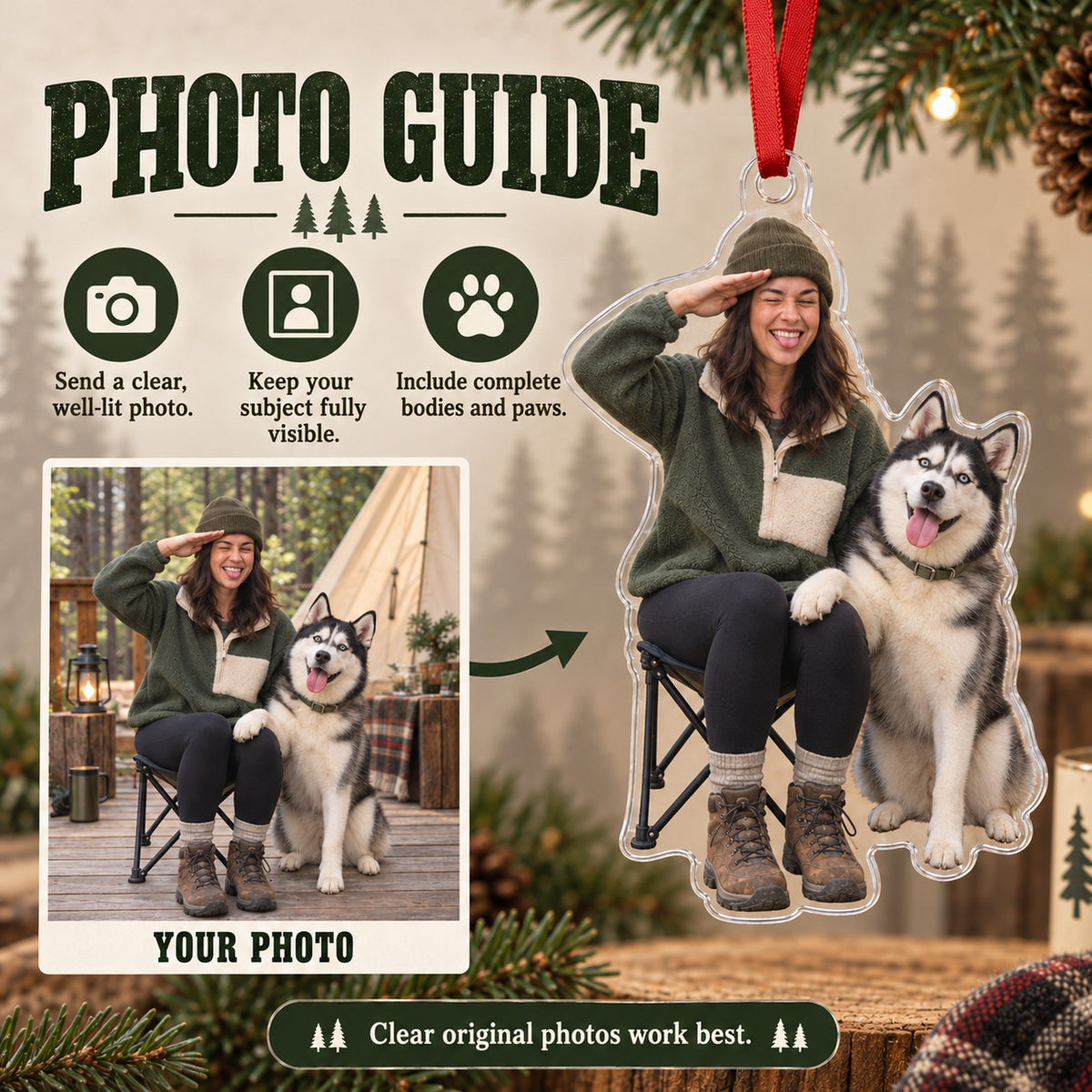 Custom Photo Dog Camping Companion Acrylic Ornament — Personalization guide