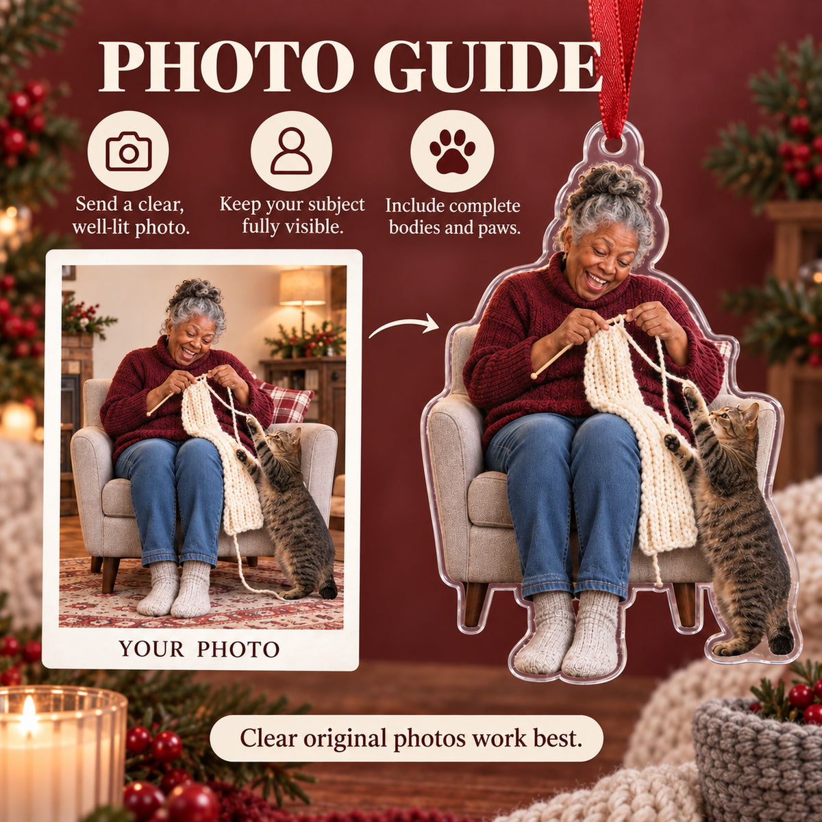 Custom Photo Cat Sweater Helper Acrylic Ornament — Personalization guide