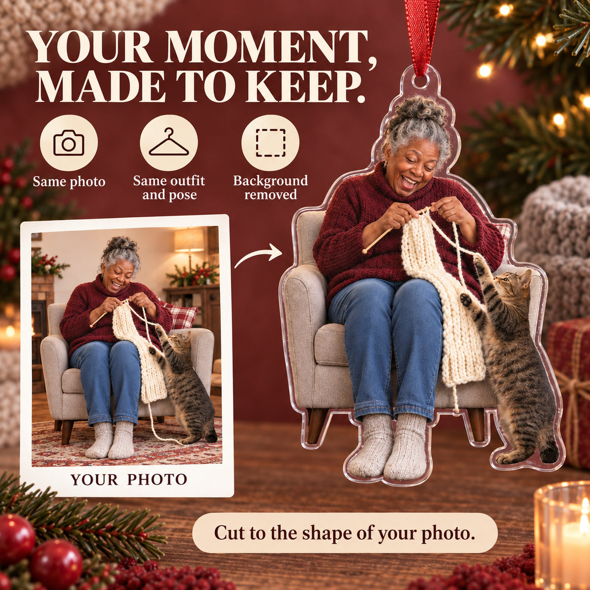 Custom Photo Cat Sweater Helper Acrylic Ornament — Personalization example