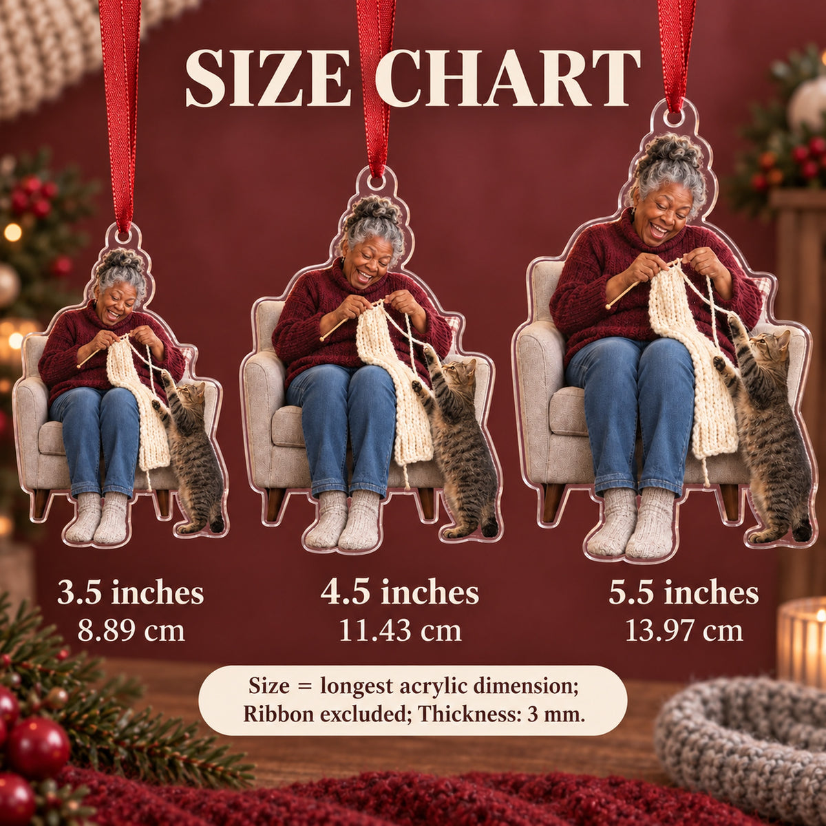 Custom Photo Cat Sweater Helper Acrylic Ornament — Size guide