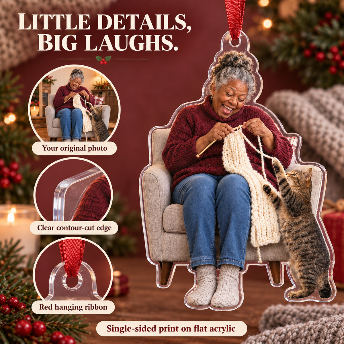 Custom Photo Cat Sweater Helper Acrylic Ornament — Product details
