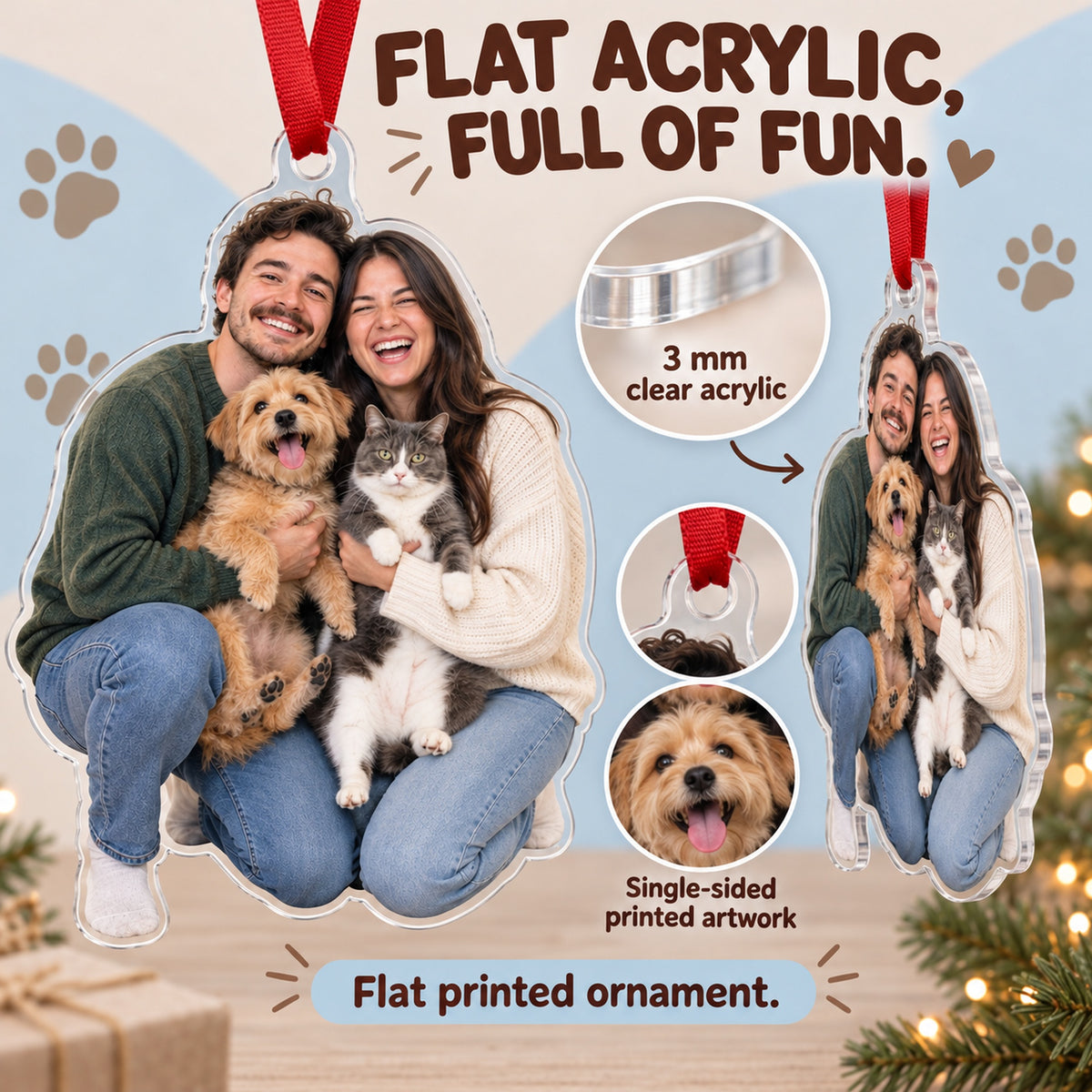 Custom Photo Two Pets One Selfie Acrylic Ornament — Flat acrylic material