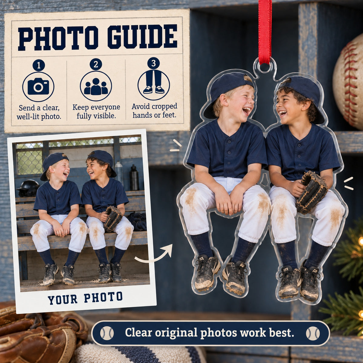 Custom Photo Baseball Dugout Giggles Acrylic Ornament — Personalization guide