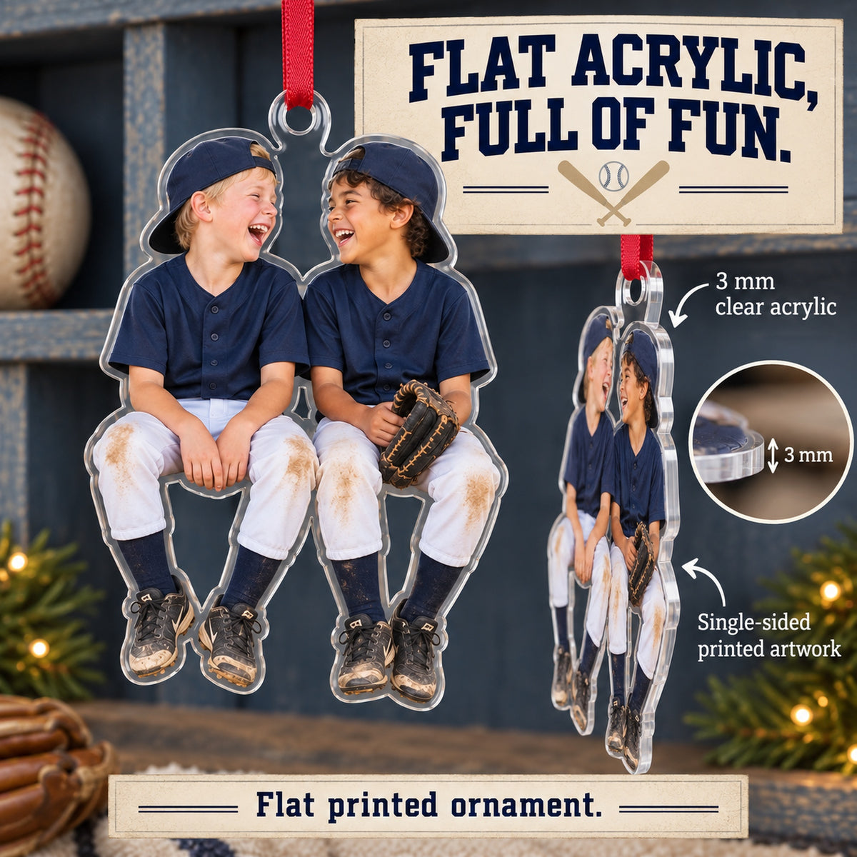 Custom Photo Baseball Dugout Giggles Acrylic Ornament — Flat acrylic material