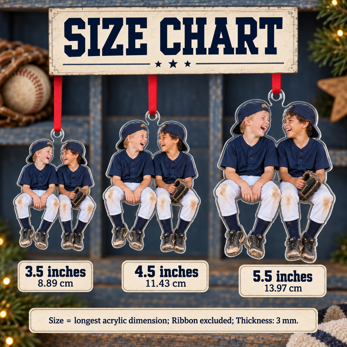 Custom Photo Baseball Dugout Giggles Acrylic Ornament — Size guide