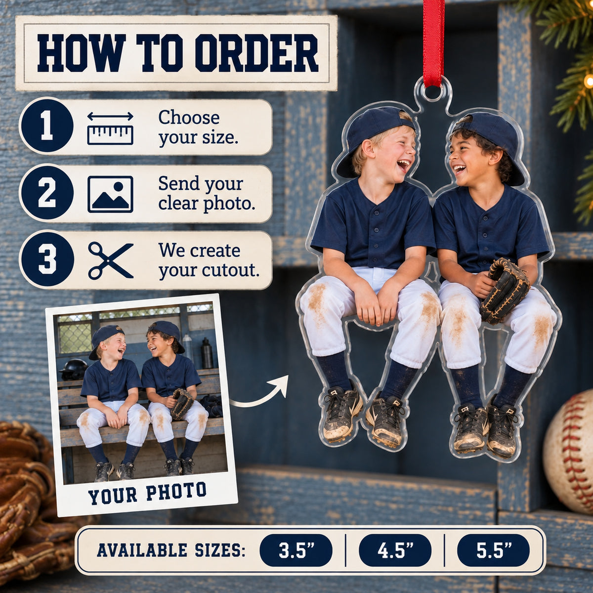Custom Photo Baseball Dugout Giggles Acrylic Ornament — How to order