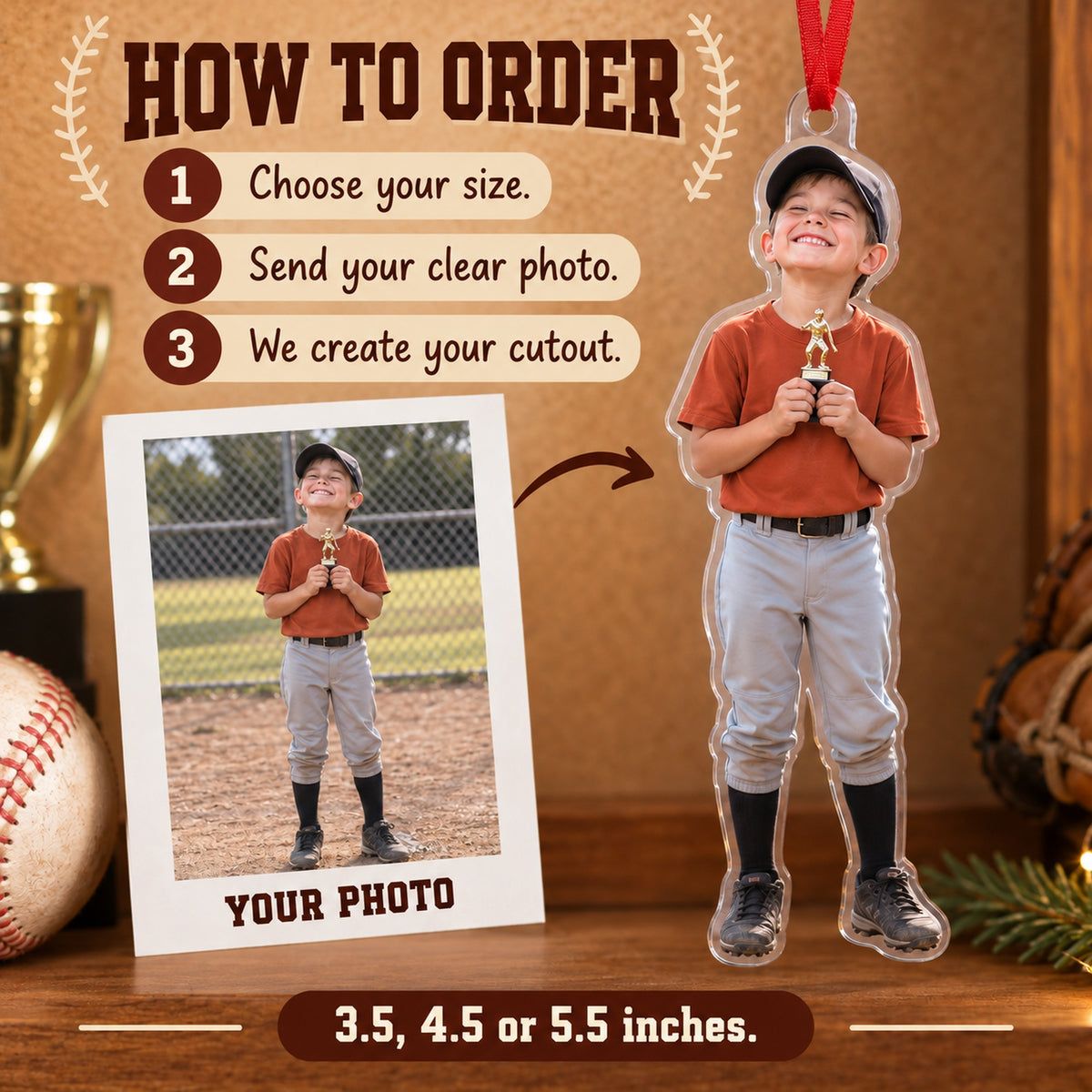Custom Photo Baseball Tiny Trophy Acrylic Ornament — How to order