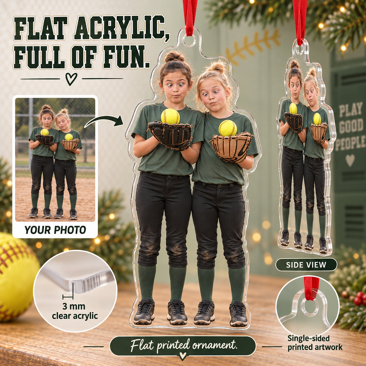 Custom Photo Softball Silly Stack Acrylic Ornament — Flat acrylic material