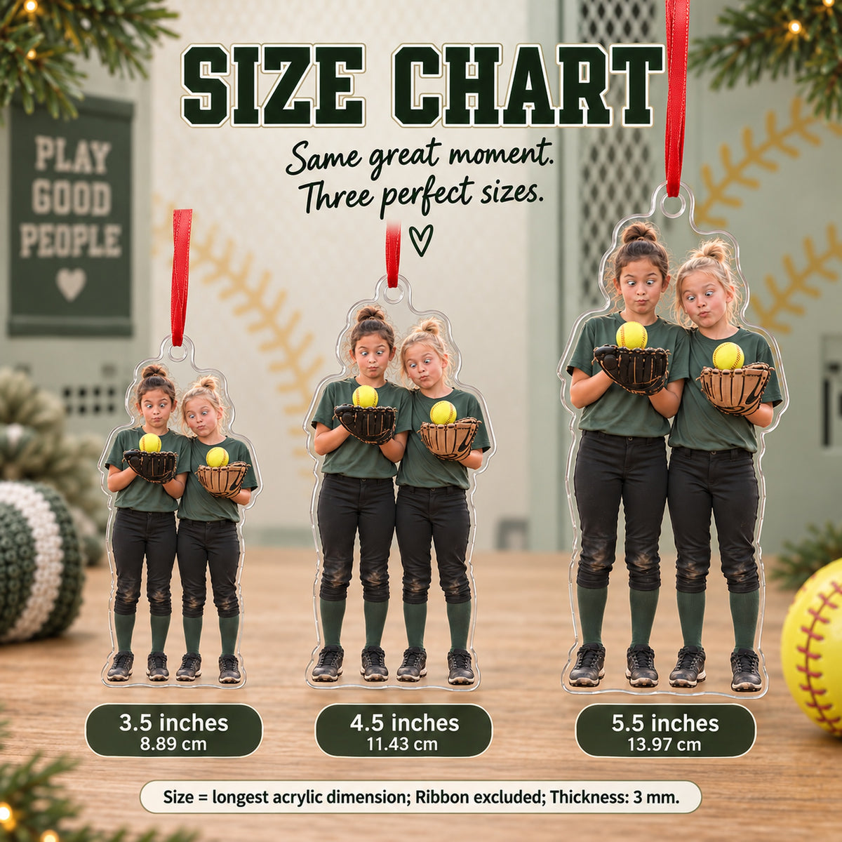Custom Photo Softball Silly Stack Acrylic Ornament — Size guide