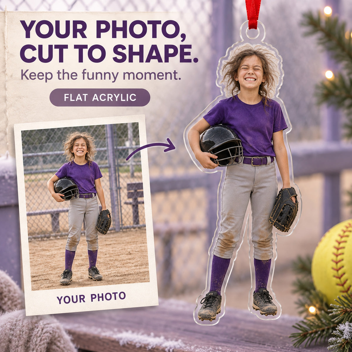 Custom Photo Softball Helmet Hair Acrylic Ornament — Main design