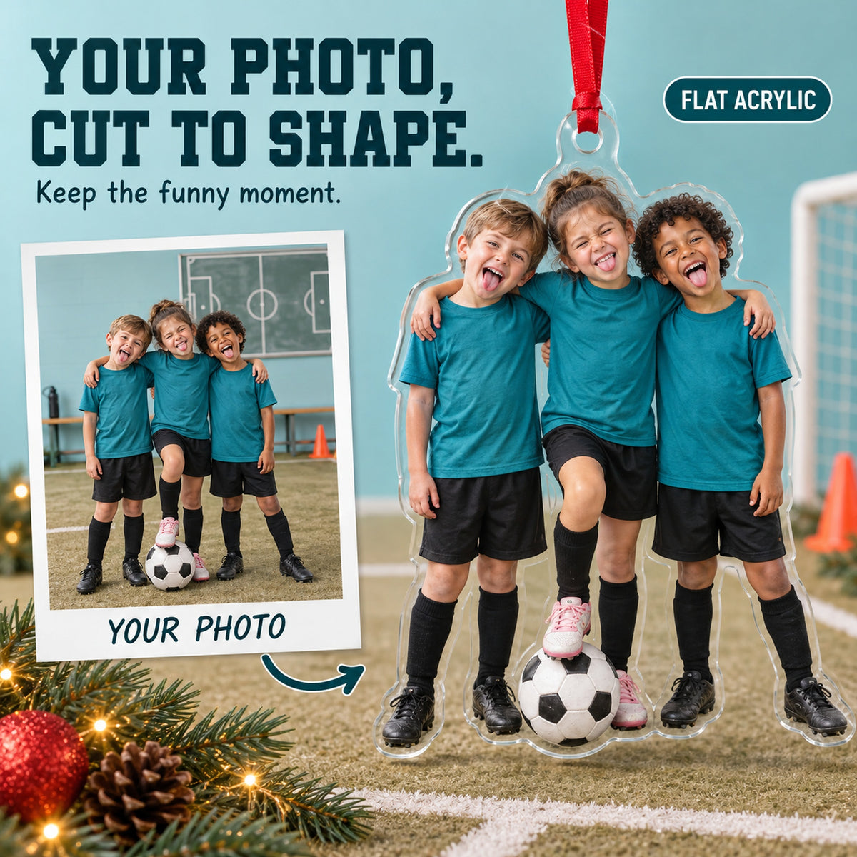 Custom Photo Soccer Team Silly Pose Acrylic Ornament — Main design