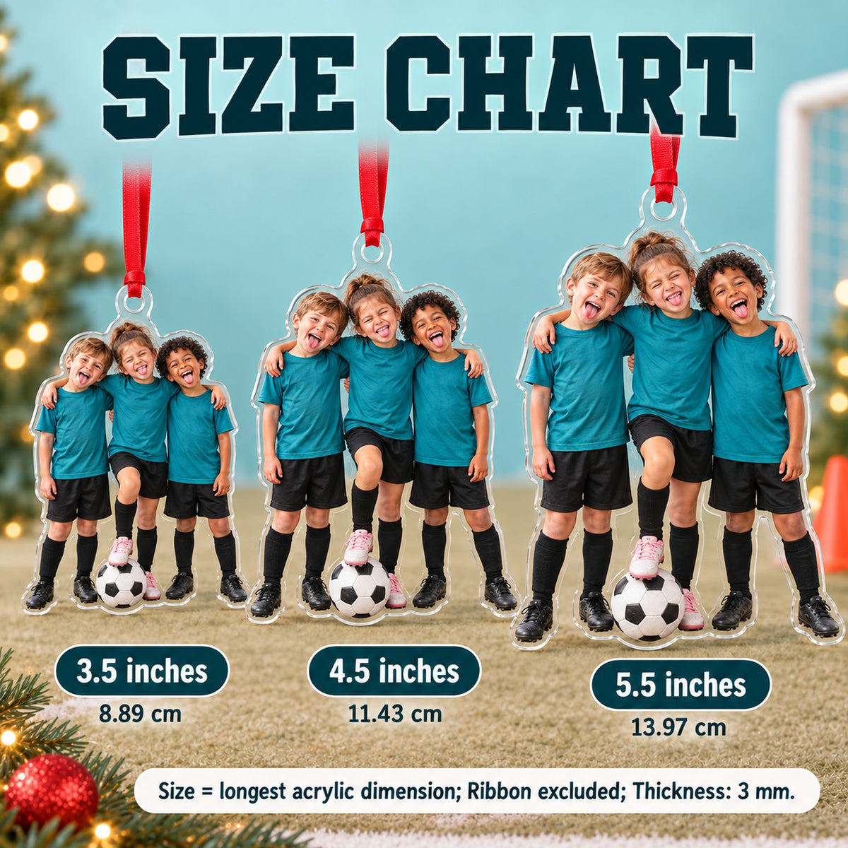 Custom Photo Soccer Team Silly Pose Acrylic Ornament — Size guide
