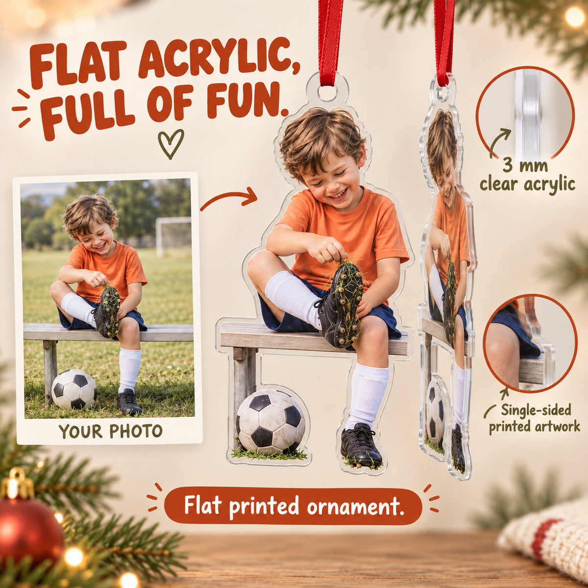 Custom Photo Soccer Shoe Surprise Acrylic Ornament — Flat acrylic material