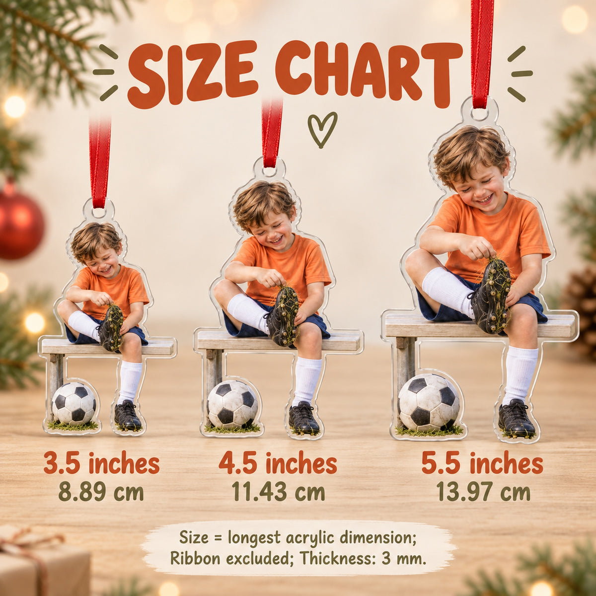 Custom Photo Soccer Shoe Surprise Acrylic Ornament — Size guide