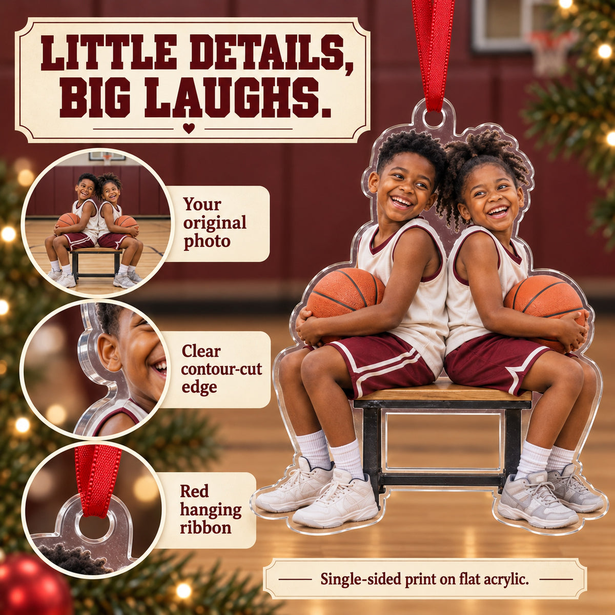 Custom Photo Basketball Bench Laughs Acrylic Ornament — Product details