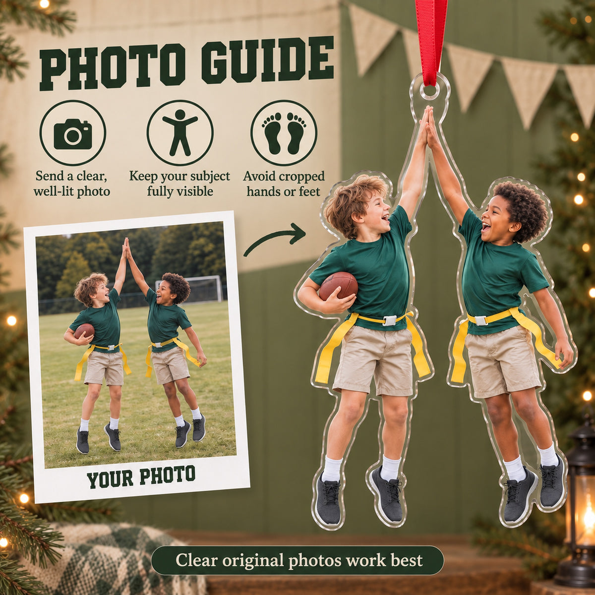 Custom Photo Flag Football High Five Acrylic Ornament — Personalization guide