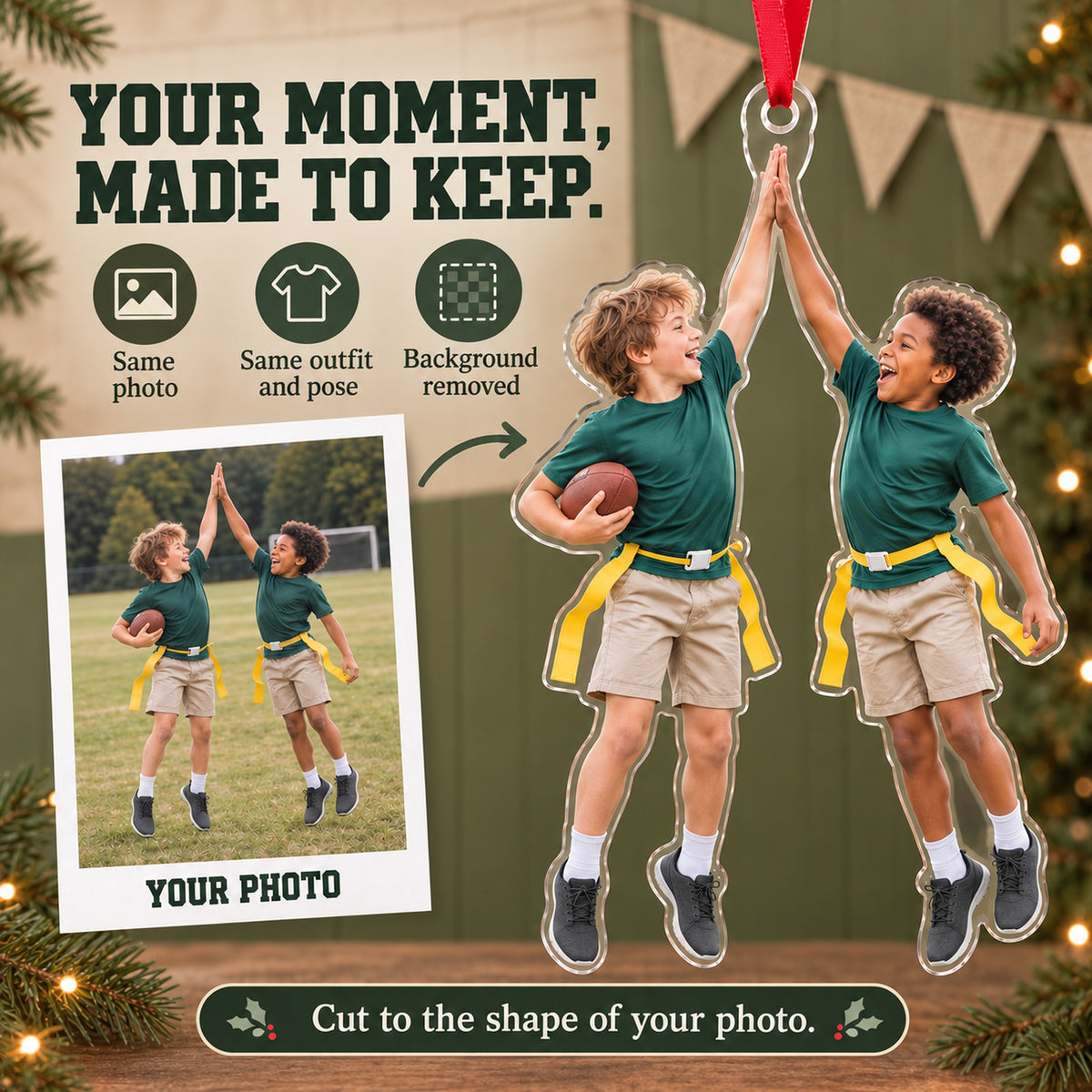 Custom Photo Flag Football High Five Acrylic Ornament — Personalization example