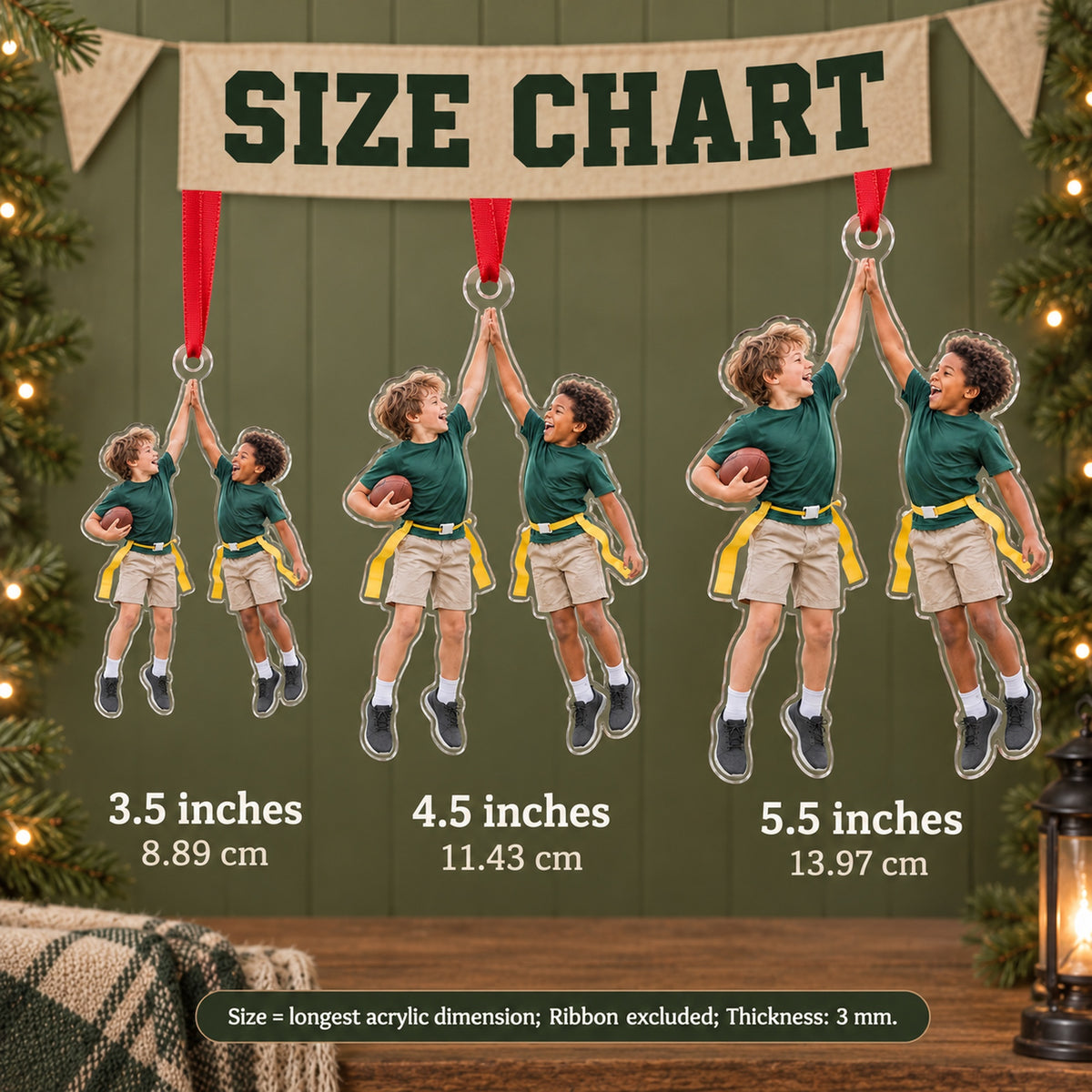 Custom Photo Flag Football High Five Acrylic Ornament — Size guide