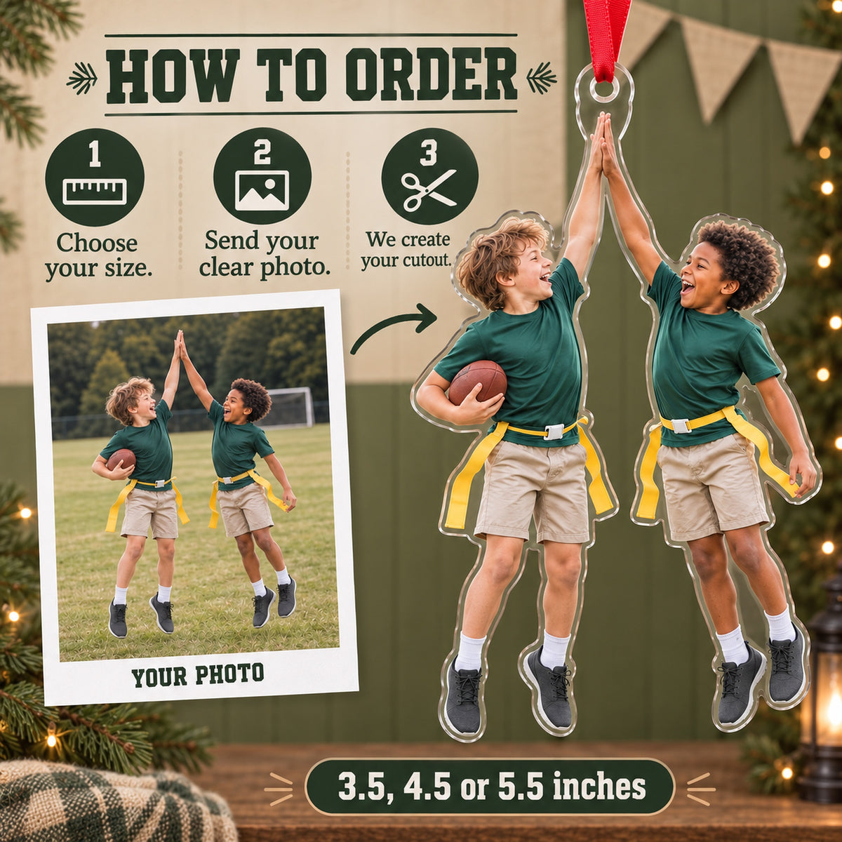 Custom Photo Flag Football High Five Acrylic Ornament — How to order