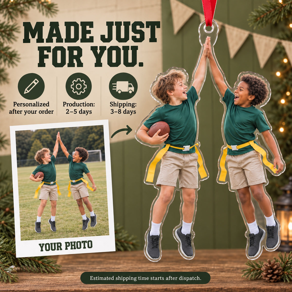 Custom Photo Flag Football High Five Acrylic Ornament — Production and delivery