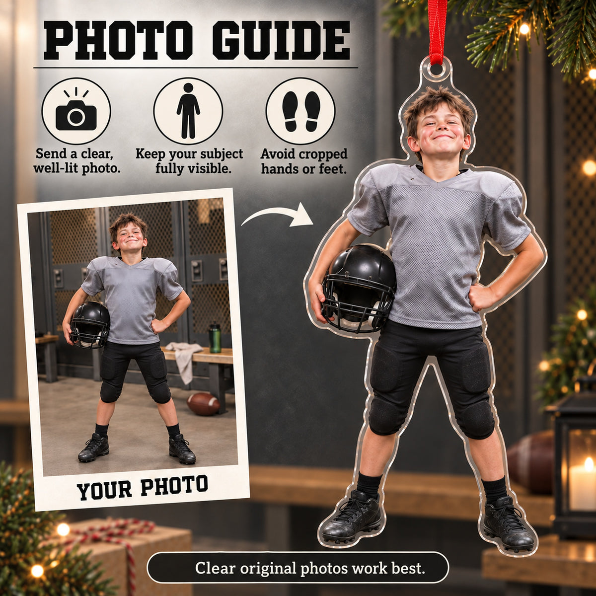 Custom Photo Football Pads Too Big Acrylic Ornament — Personalization guide