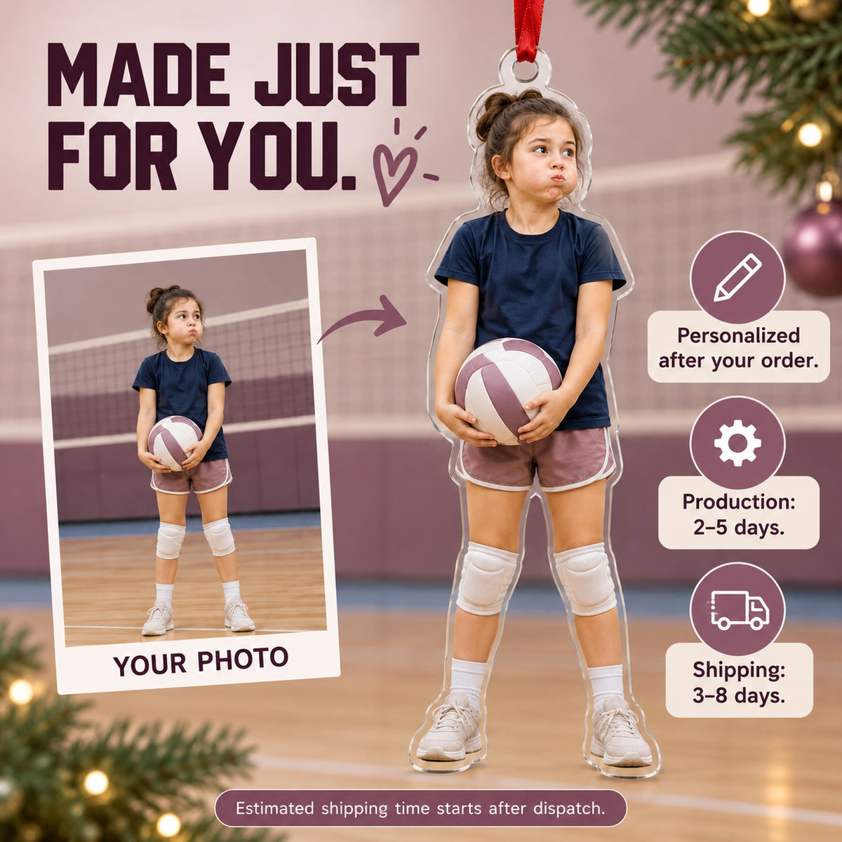 Custom Photo Volleyball Serve Face Acrylic Ornament — Production and delivery