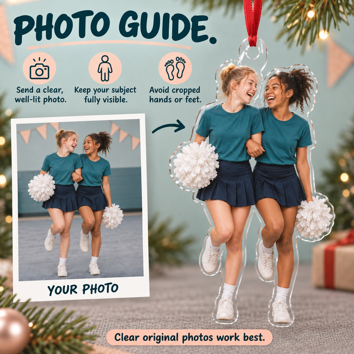 Custom Photo Cheer Practice Giggles Acrylic Ornament — Personalization guide