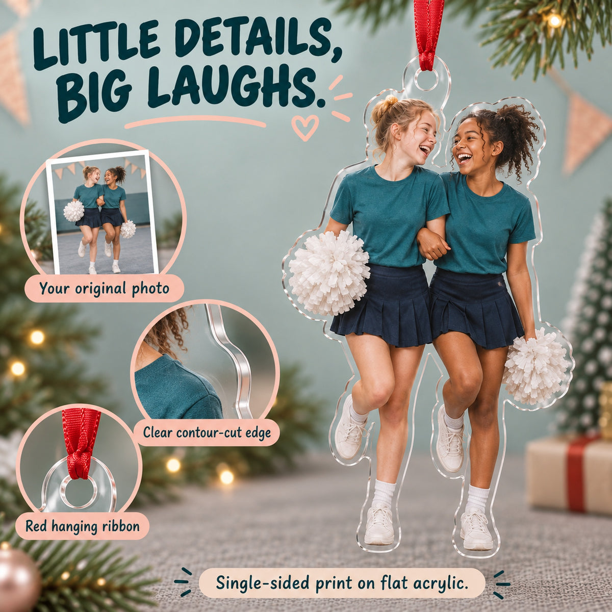 Custom Photo Cheer Practice Giggles Acrylic Ornament — Product details