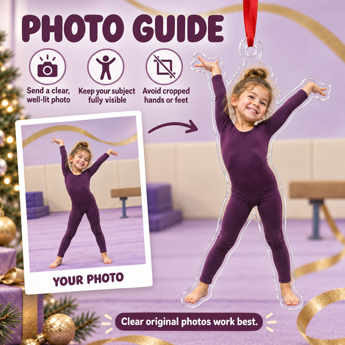Custom Photo Gymnast Tada Face Acrylic Ornament — Personalization guide