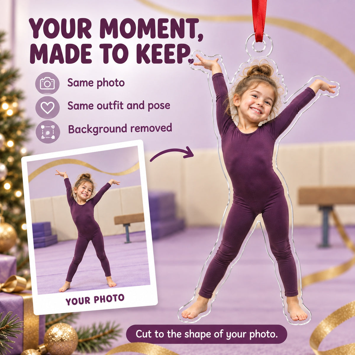 Custom Photo Gymnast Tada Face Acrylic Ornament — Personalization example