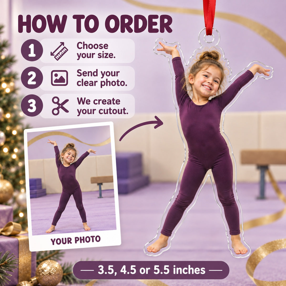 Custom Photo Gymnast Tada Face Acrylic Ornament — How to order