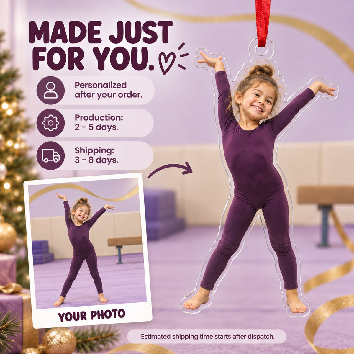 Custom Photo Gymnast Tada Face Acrylic Ornament — Production and delivery