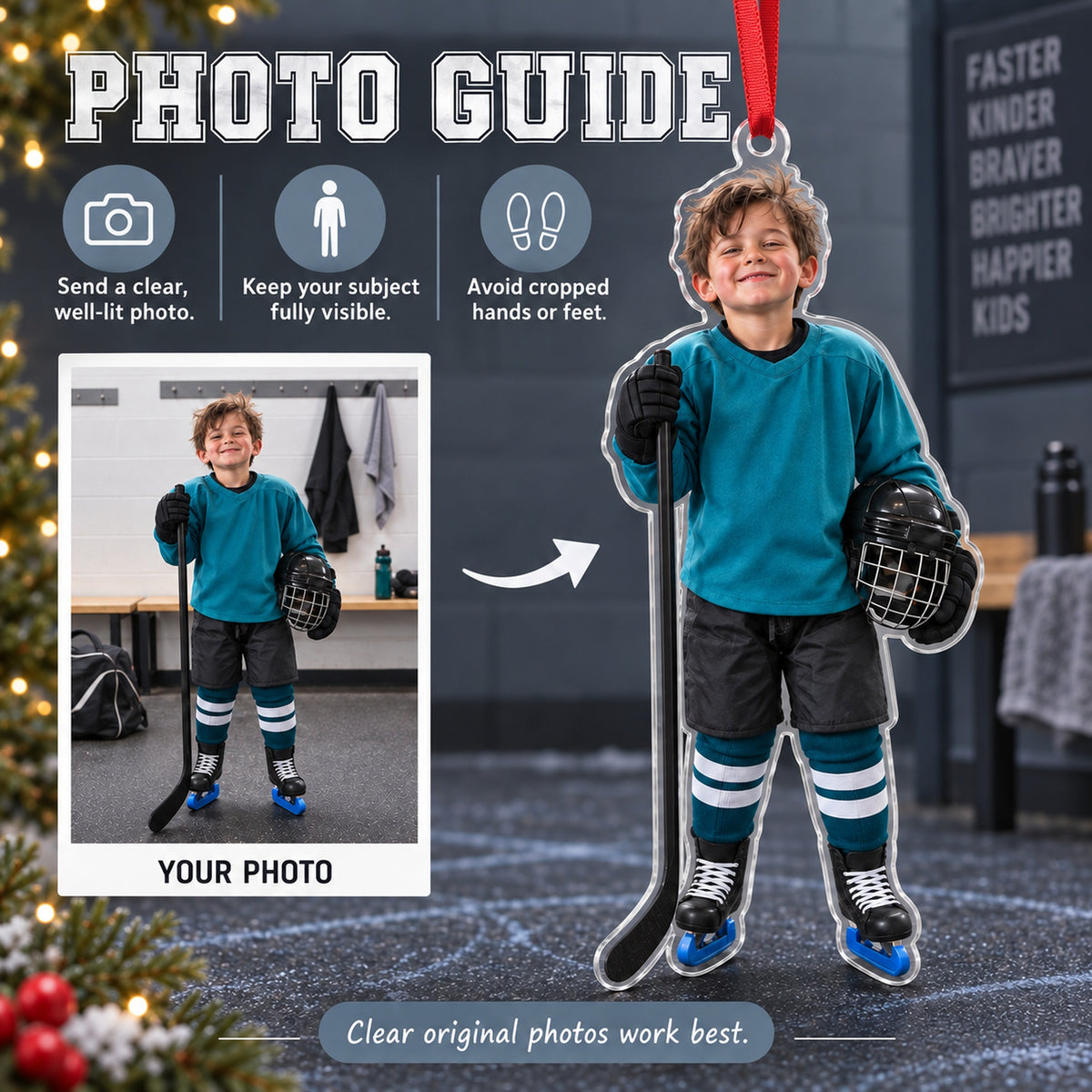 Custom Photo Hockey Helmet Hair Acrylic Ornament — Personalization guide