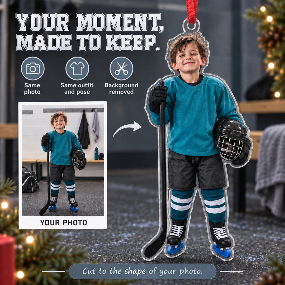 Custom Photo Hockey Helmet Hair Acrylic Ornament — Personalization example