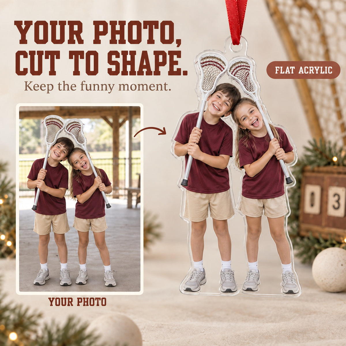 Custom Photo Lacrosse Stick Silly Acrylic Ornament — Main design