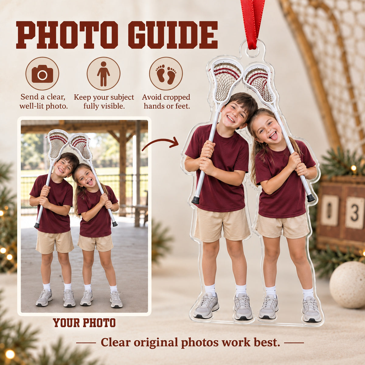 Custom Photo Lacrosse Stick Silly Acrylic Ornament — Personalization guide