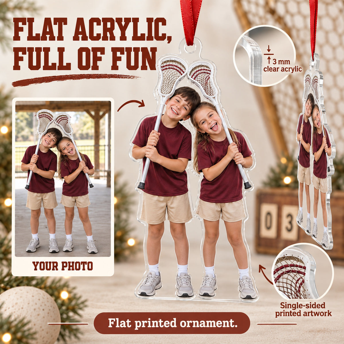 Custom Photo Lacrosse Stick Silly Acrylic Ornament — Flat acrylic material
