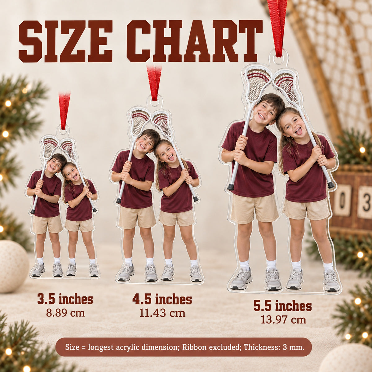 Custom Photo Lacrosse Stick Silly Acrylic Ornament — Size guide