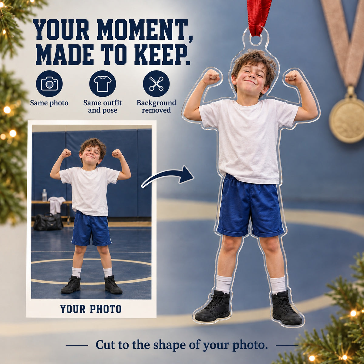 Custom Photo Wrestling Victory Grin Acrylic Ornament — Personalization example