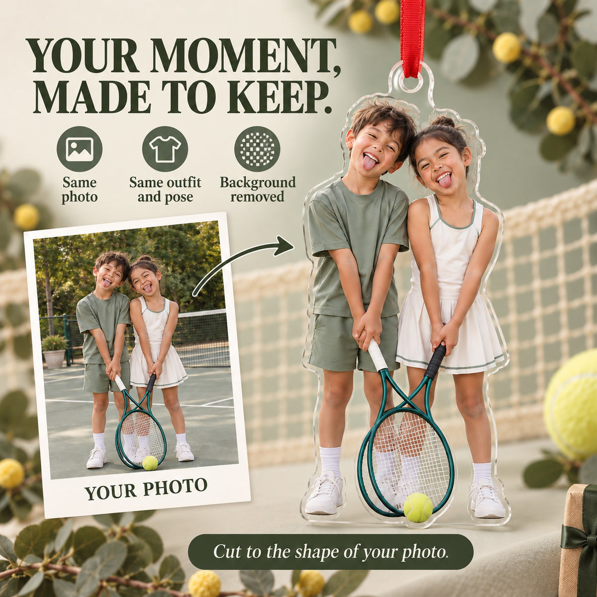 Custom Photo Tennis Doubles Giggles Acrylic Ornament — Personalization example