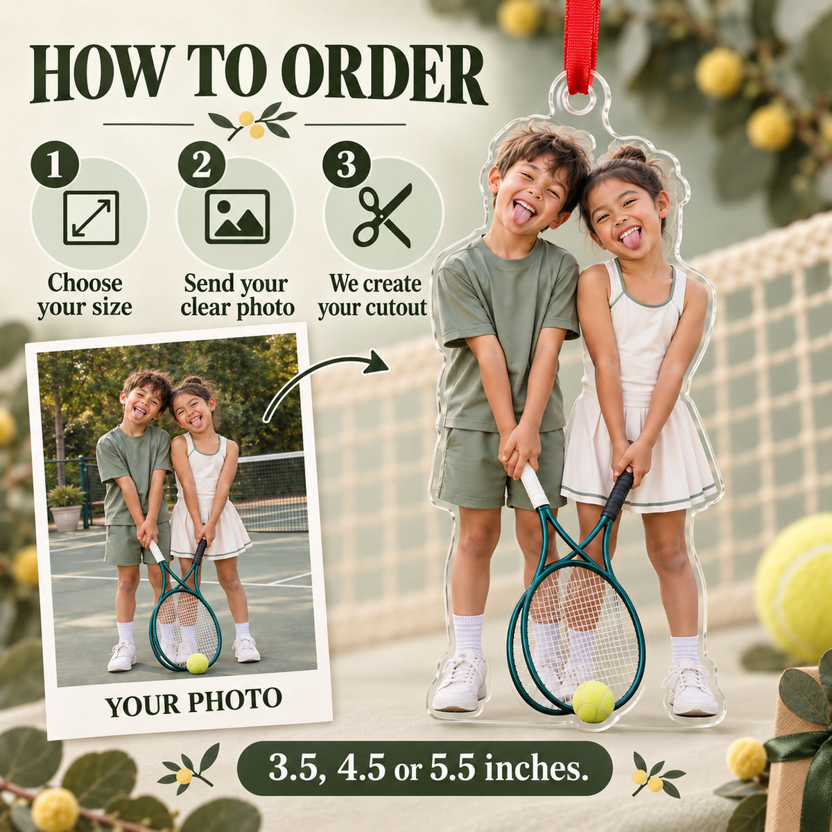 Custom Photo Tennis Doubles Giggles Acrylic Ornament — How to order