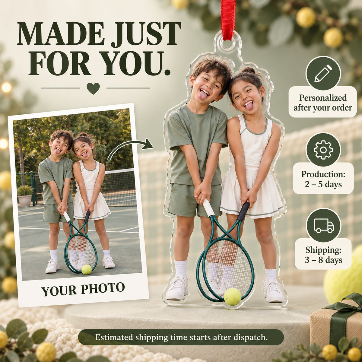 Custom Photo Tennis Doubles Giggles Acrylic Ornament — Production and delivery