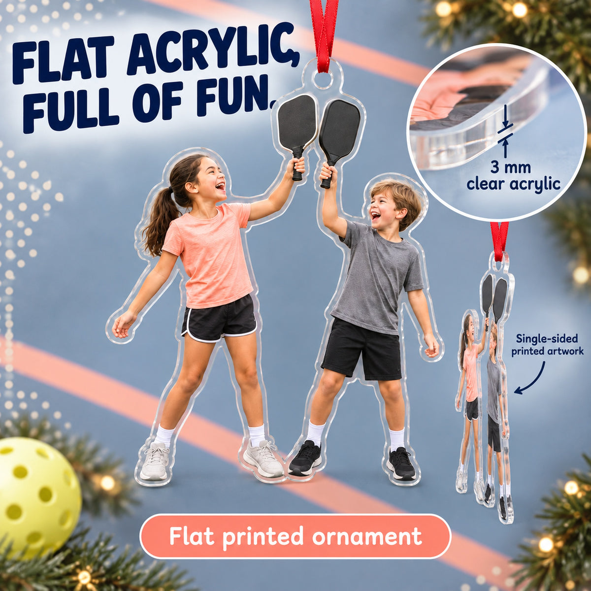 Custom Photo Pickleball Junior Cheers Acrylic Ornament — Flat acrylic material
