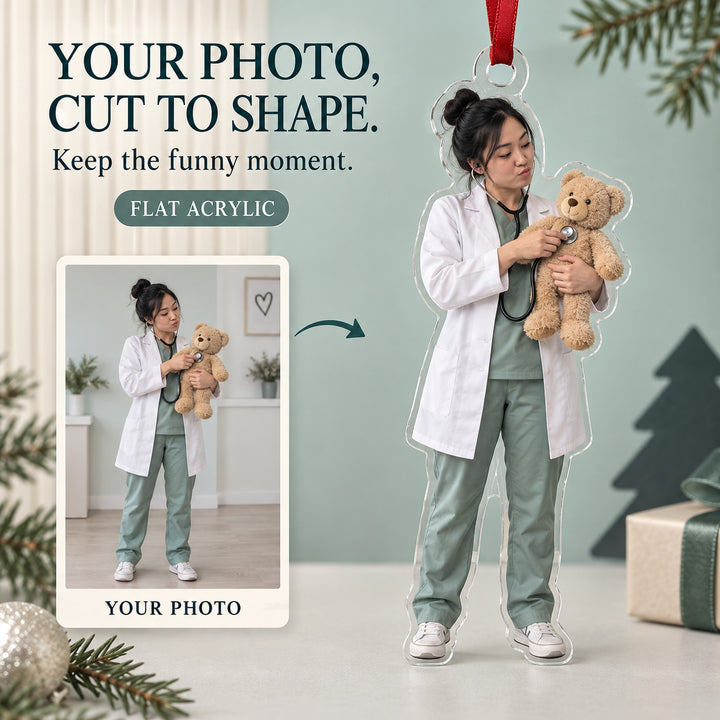 Custom Photo Doctor Teddy Checkup Acrylic Ornament — Main design