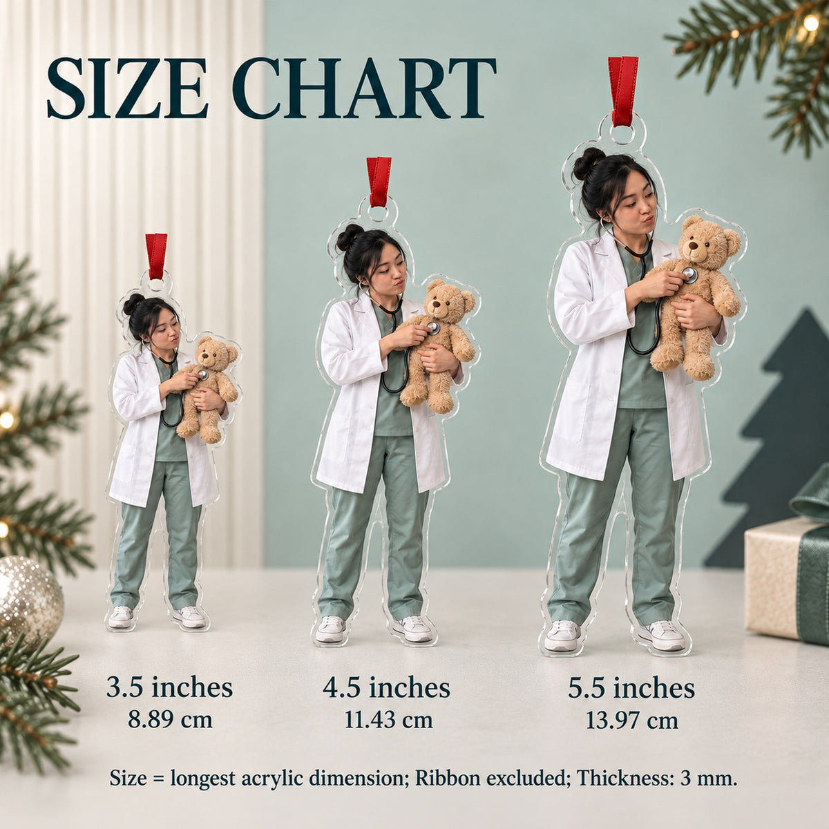 Custom Photo Doctor Teddy Checkup Acrylic Ornament — Size guide