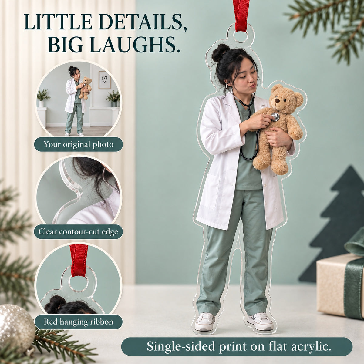 Custom Photo Doctor Teddy Checkup Acrylic Ornament — Product details