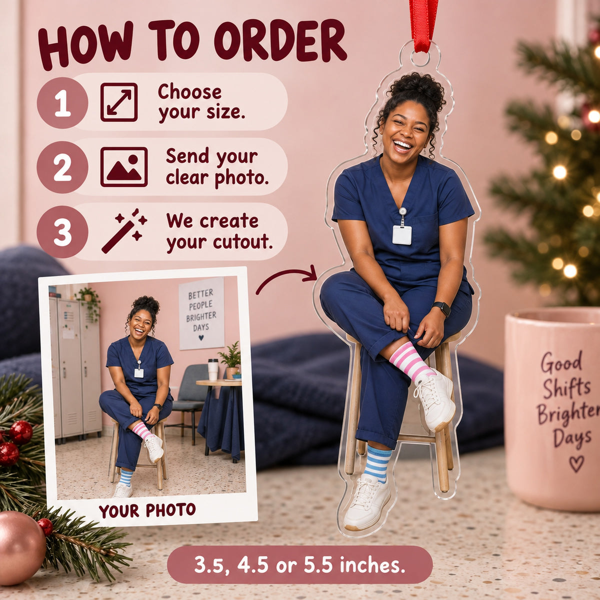 Custom Photo Nurse Silly Socks Acrylic Ornament — How to order