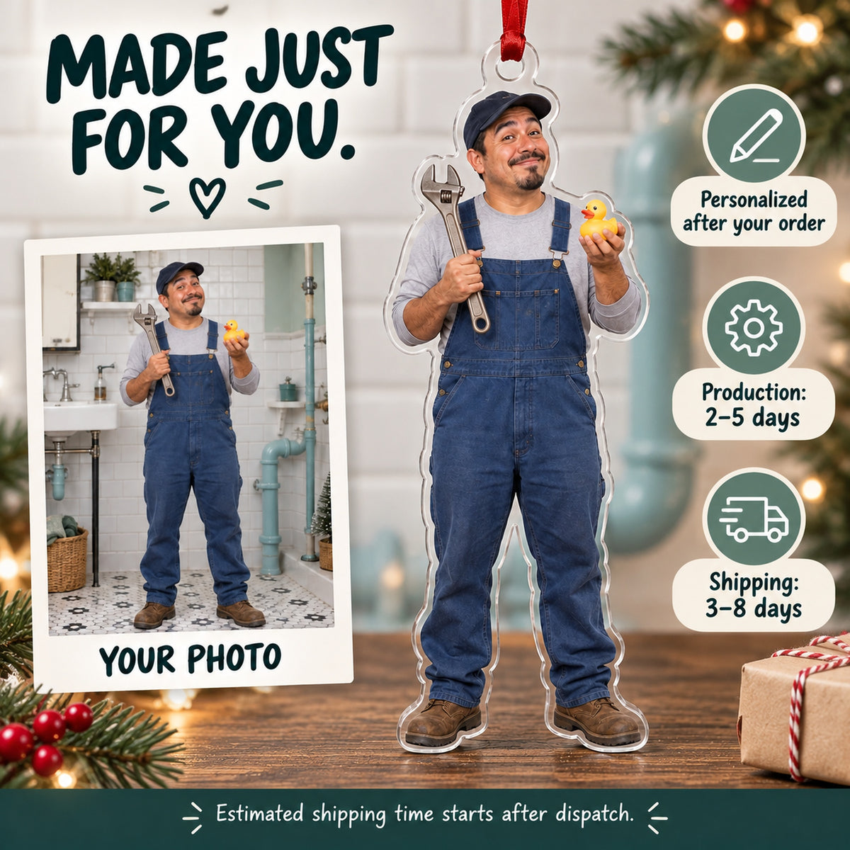 Custom Photo Plumber Tiny Duck Acrylic Ornament — Production and delivery
