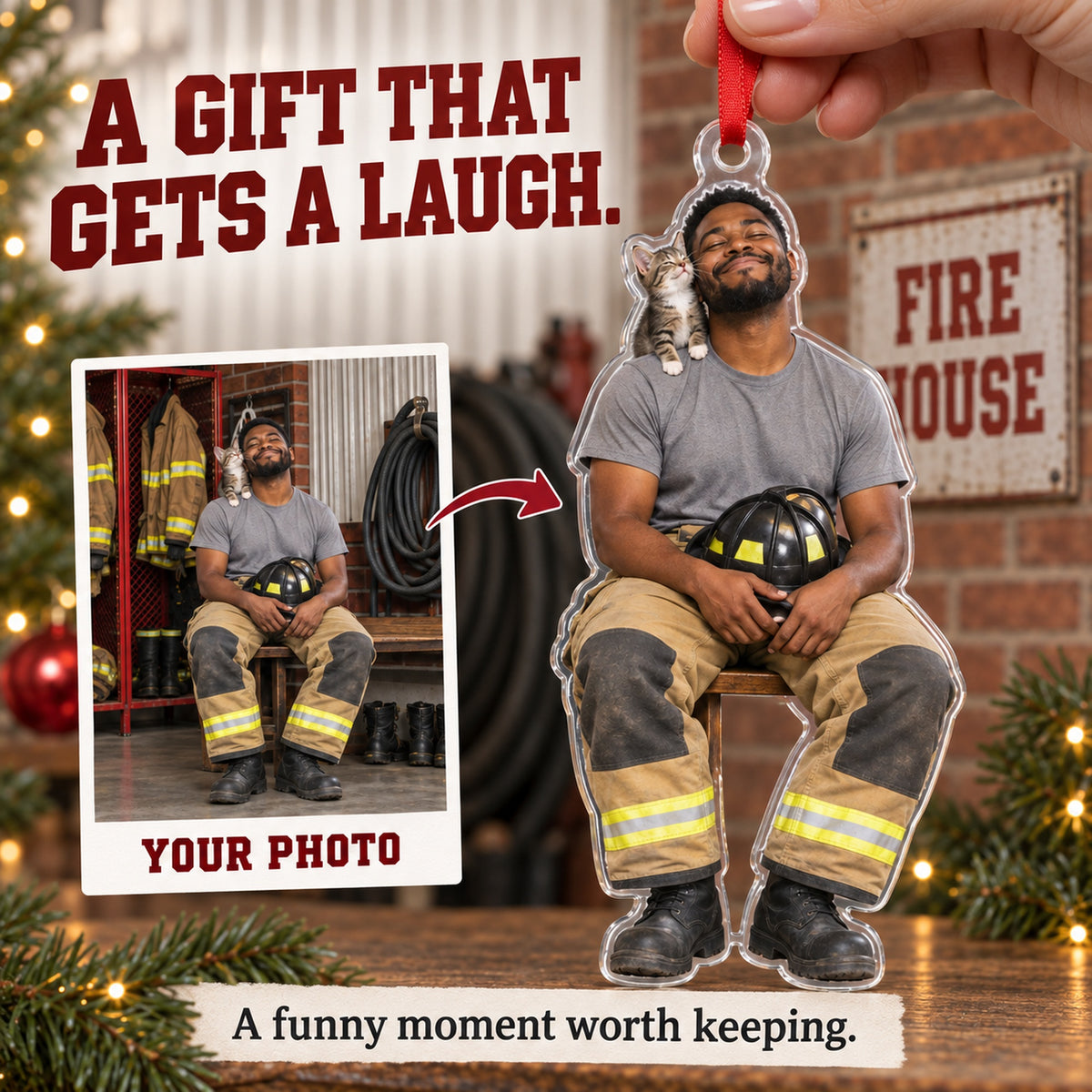 Custom Photo Firefighter Cat Partner Acrylic Ornament — Gift inspiration