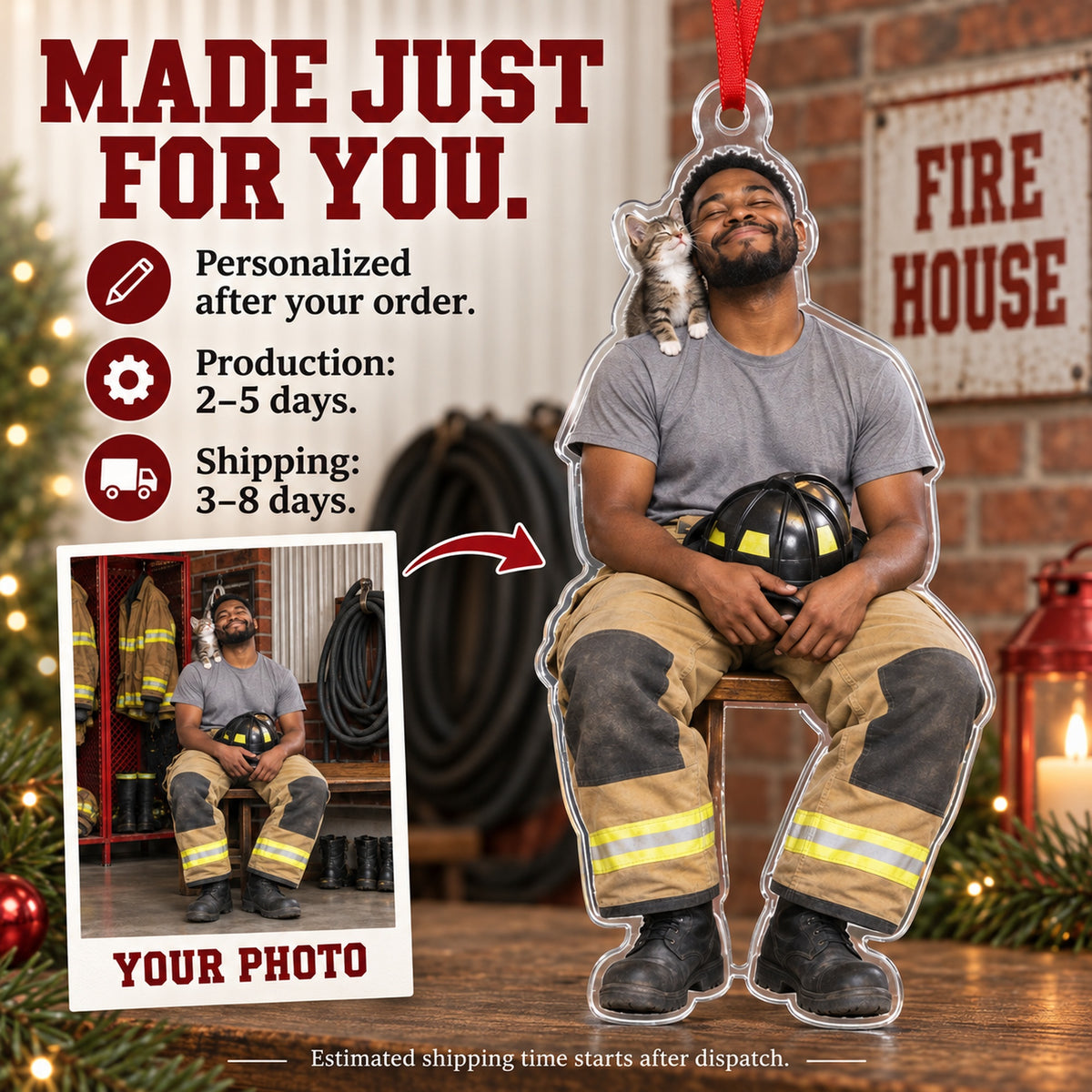 Custom Photo Firefighter Cat Partner Acrylic Ornament — Production and delivery